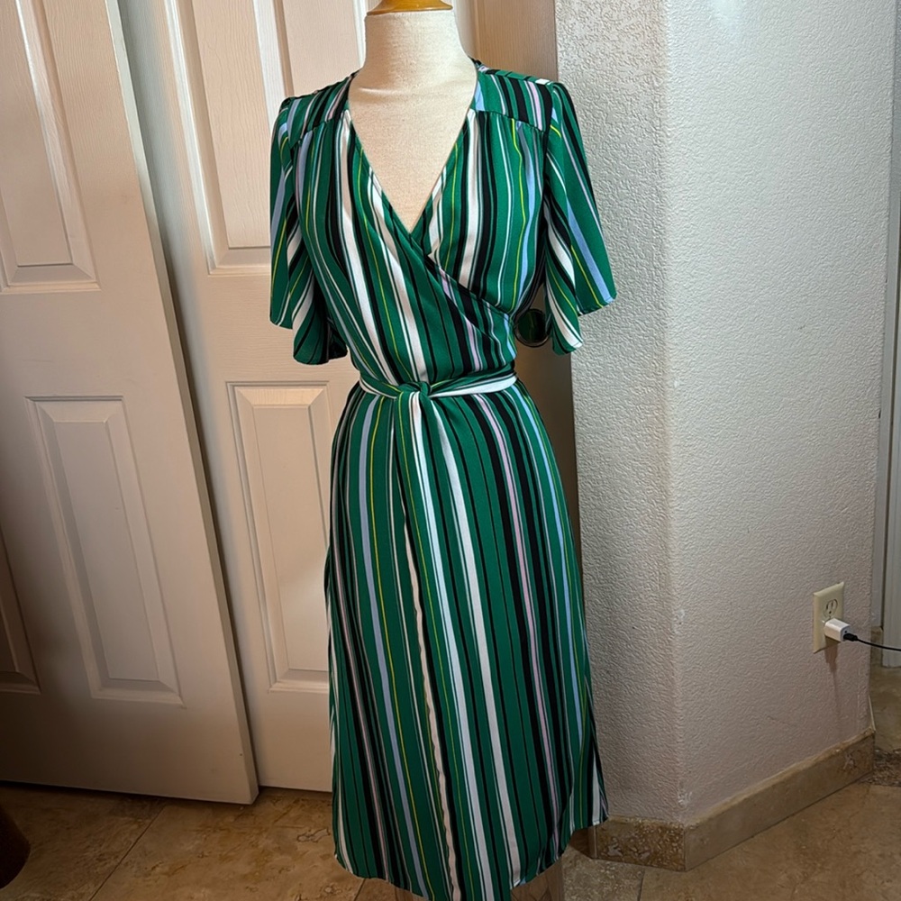 Halogen (Nordstrom) Green Striped Wrap Dress, Medium.  True wrap dress. Size 10